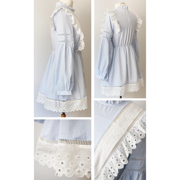 Blue Striped Cotton Eyelet Embroidery Ruffle Dress - Picture 3 of 8